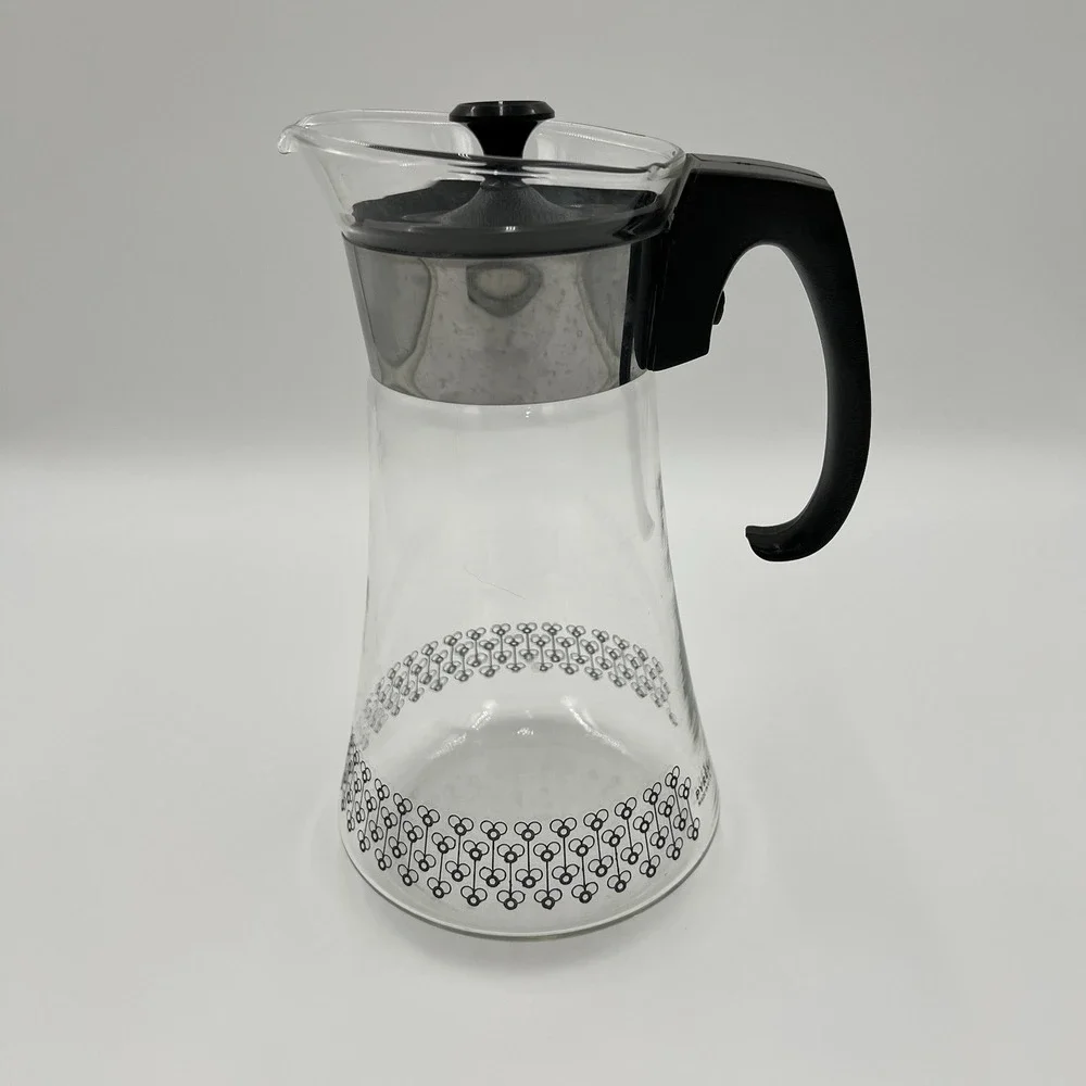 Pyrex Glass Pitcher‎ Coffee Pot Black Handle Floral Pattern Vintage Kitchenware
